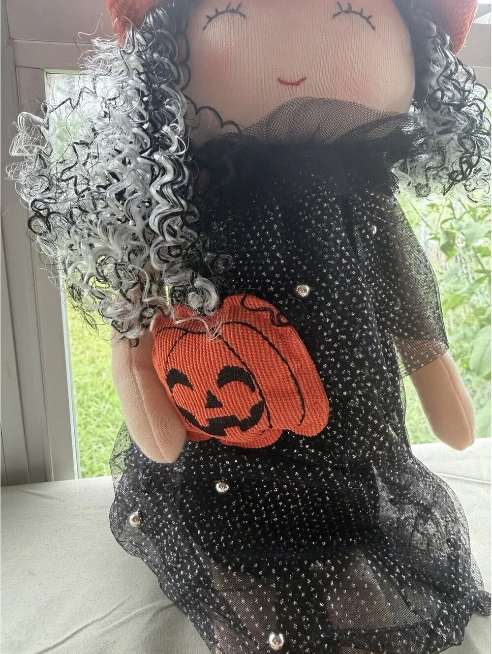 Halloween Shelf Sitter Plush Witch Doll Holding Pumpkin 16” By Magical Season